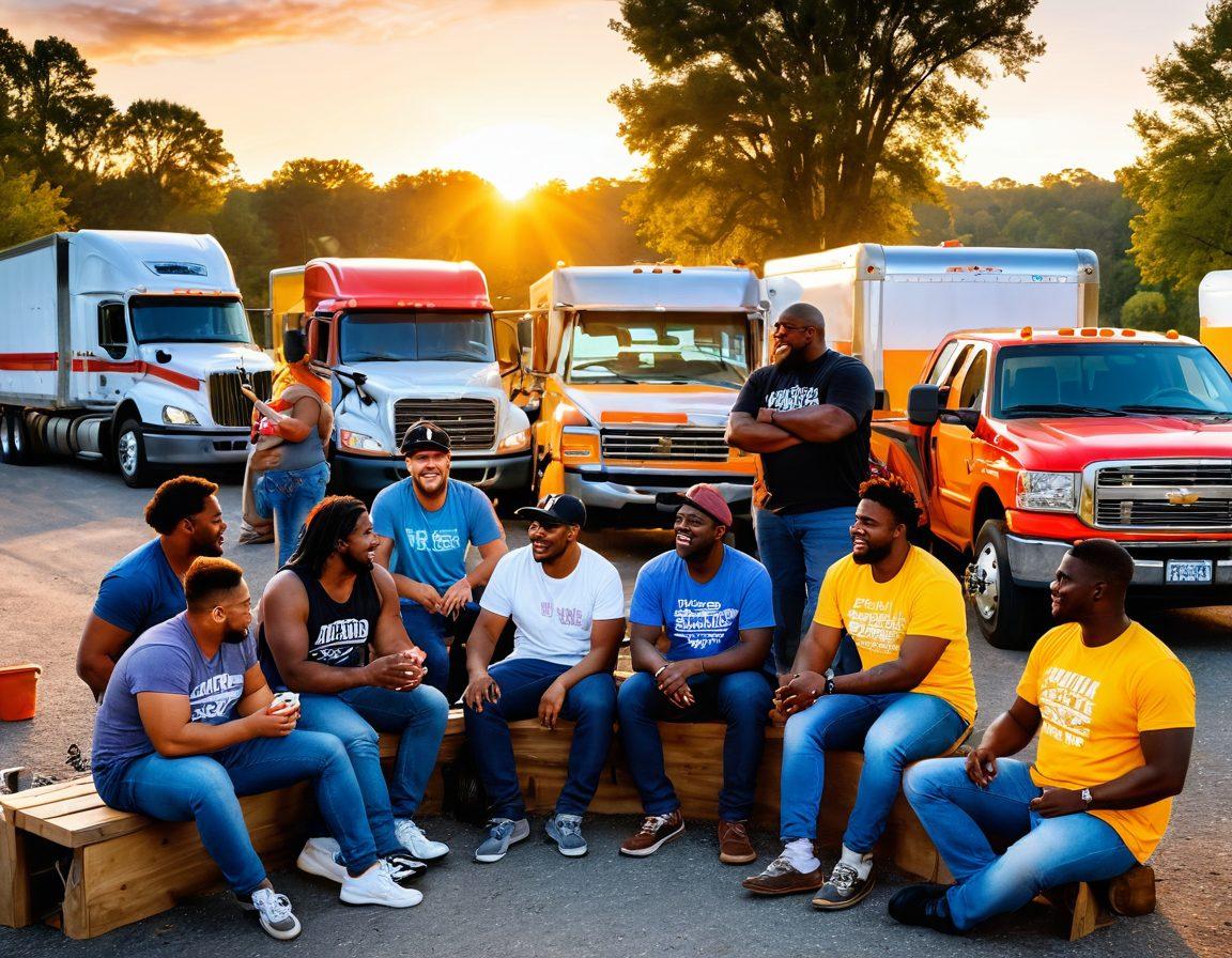 A vibrant scene depicting a diverse group of queer truckers at a colorful rest stop, sharing stories and laughter, surrounded by their trucks and an inviting picnic area. Include elements of support, like colorful banners and signs promoting inclusivity. Capture the camaraderie and warmth of their relationships with a sunset in the background, casting a golden glow over the scene. super-realistic. vibrant colors. 3D.