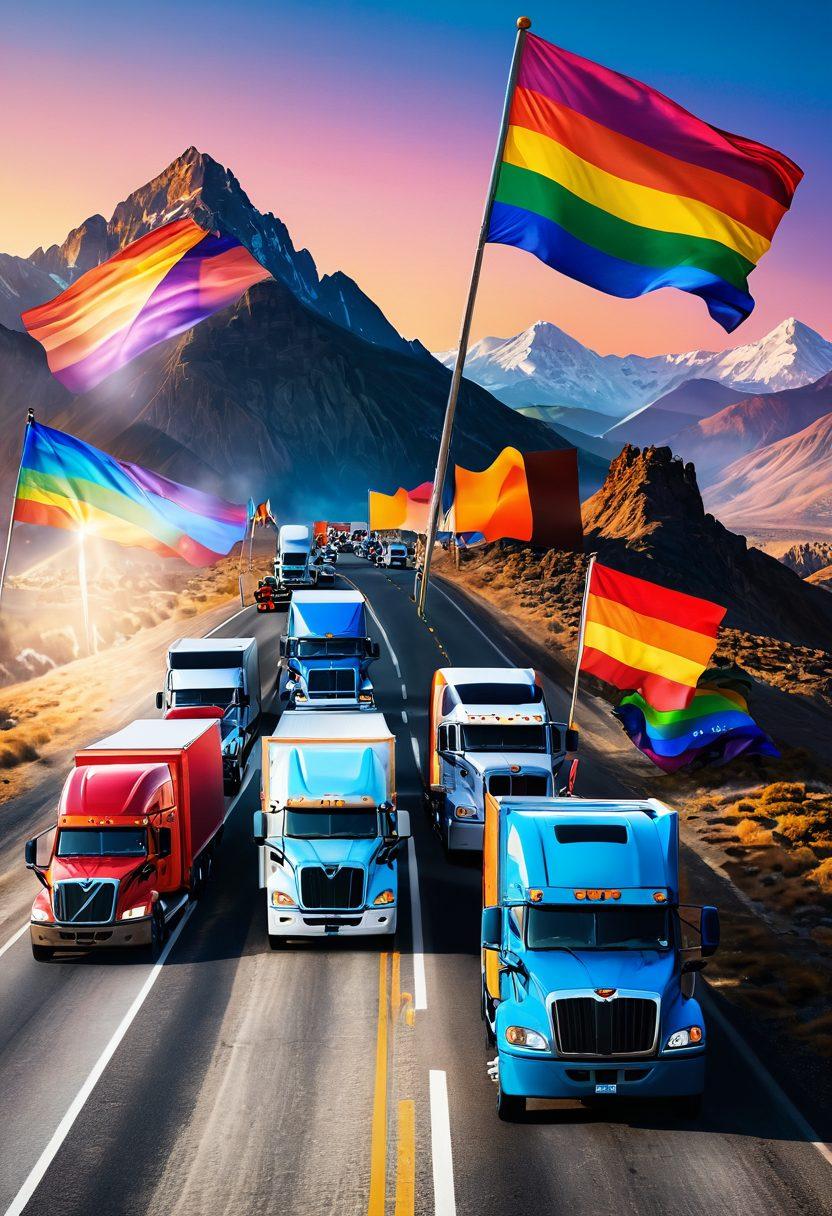 A vibrant scene of a diverse group of truckers on an open highway, showcasing elements of LGBTQ+ pride with colorful flags and symbols in the background. Include a beautifully sunset sky, open road stretching ahead, surrounded by majestic mountains. The truckers should be interacting joyfully, representing a sense of community and freedom. super-realistic. vibrant colors. blue sky. white background.