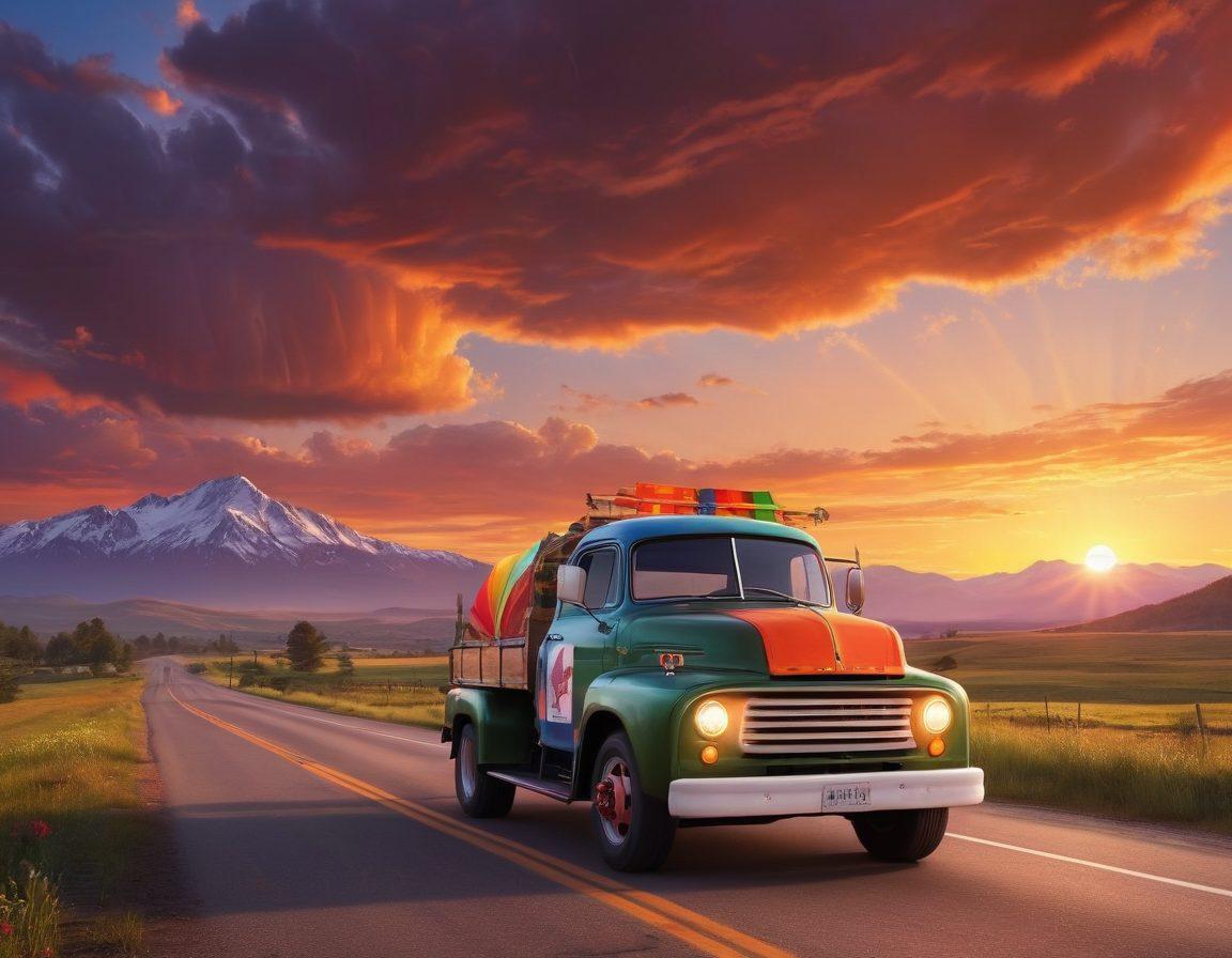 A dynamic road scene featuring a vintage truck adorned with colorful pride flags cruising along a scenic highway. The sun sets in the background, casting warm hues across the sky, while the truck's cargo bed is filled with community symbols of love and connection. Vibrant people of diverse backgrounds are joyfully waving from the truck, celebrating intimacy and freedom. The scenery reflects lush green hills, open skies, and distant mountains. super-realistic. vibrant colors. sunset background.